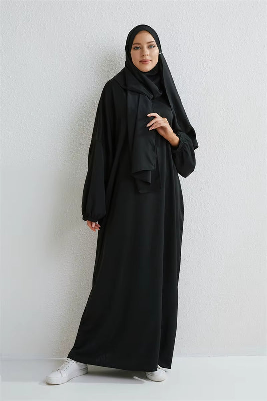 Muslim Abaya Prayer Dress One-Piece Hooded Smocking Sleeve Islamic Clothing Women Jilbab Dubai Saudi Black Robe Turkish Modesty