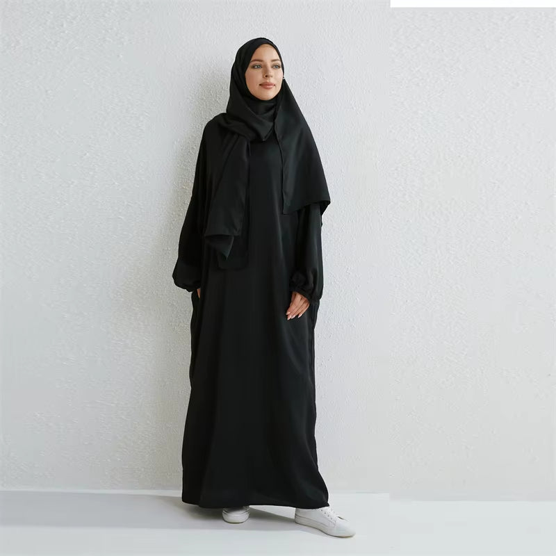 Muslim Abaya Prayer Dress One-Piece Hooded Smocking Sleeve Islamic Clothing Women Jilbab Dubai Saudi Black Robe Turkish Modesty