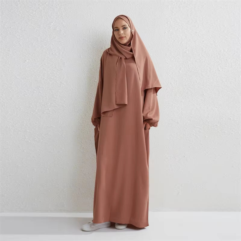 Muslim Abaya Prayer Dress One-Piece Hooded Smocking Sleeve Islamic Clothing Women Jilbab Dubai Saudi Black Robe Turkish Modesty