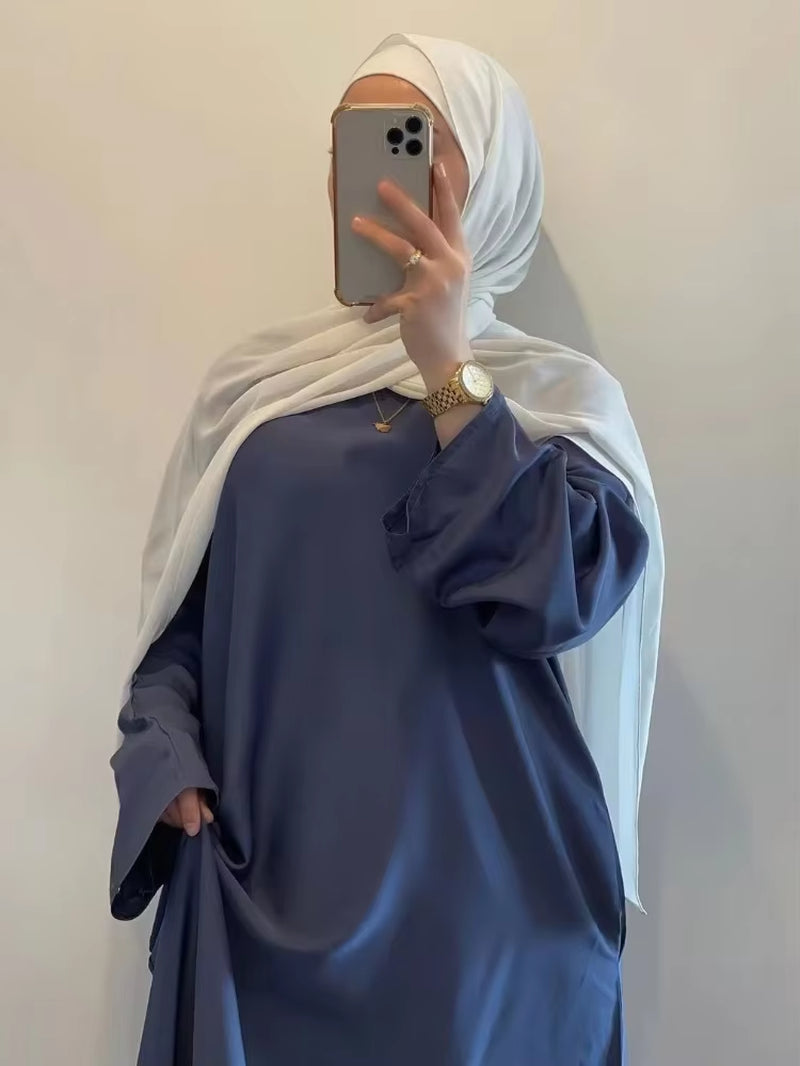 Ramadan Eid Satin Abaya Dubai Turkey Flare Sleeve Muslim Hijab Dress Plain Closed Abayas for Women Islamic Clothing Kaftan Robe