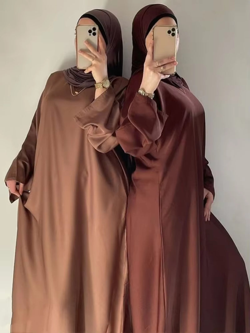 Ramadan Eid Satin Abaya Dubai Turkey Flare Sleeve Muslim Hijab Dress Plain Closed Abayas for Women Islamic Clothing Kaftan Robe