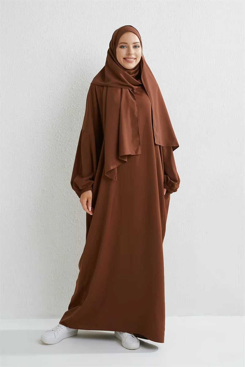 Muslim Abaya Prayer Dress One-Piece Hooded Smocking Sleeve Islamic Clothing Women Jilbab Dubai Saudi Black Robe Turkish Modesty