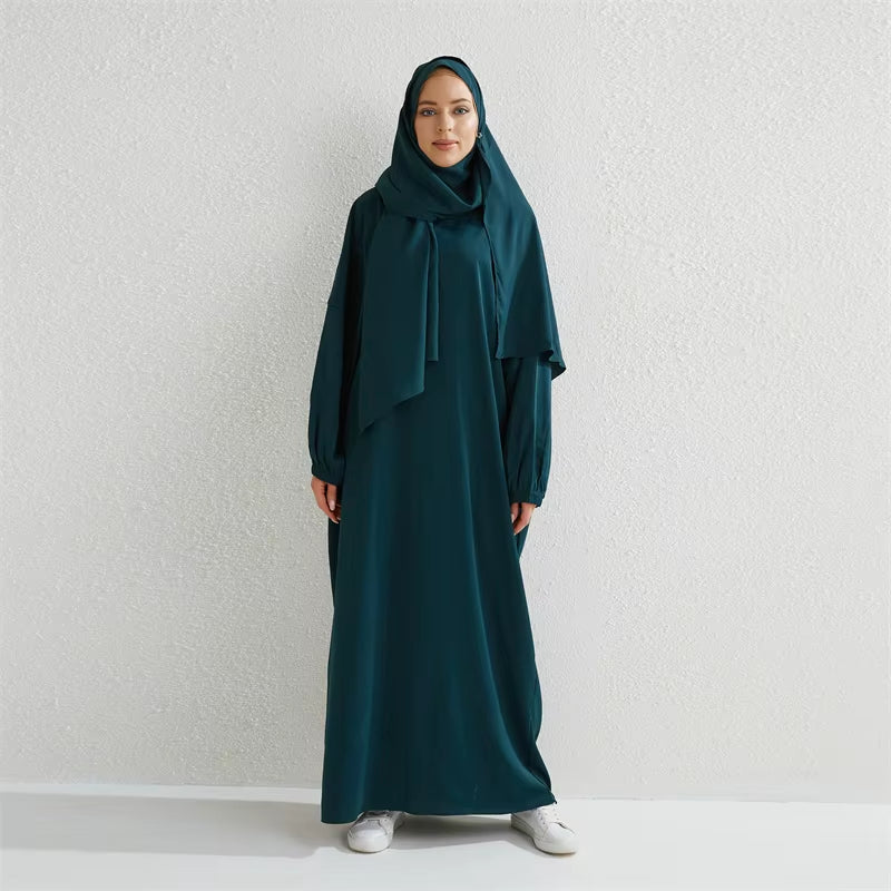 Muslim Abaya Prayer Dress One-Piece Hooded Smocking Sleeve Islamic Clothing Women Jilbab Dubai Saudi Black Robe Turkish Modesty